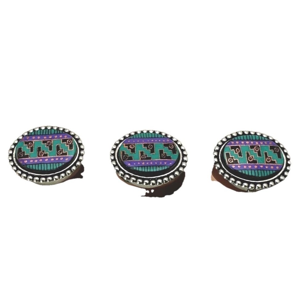 Southwest Aztec Button Covers Set of 3 Oval Silver Tone Enamel Work Vintage